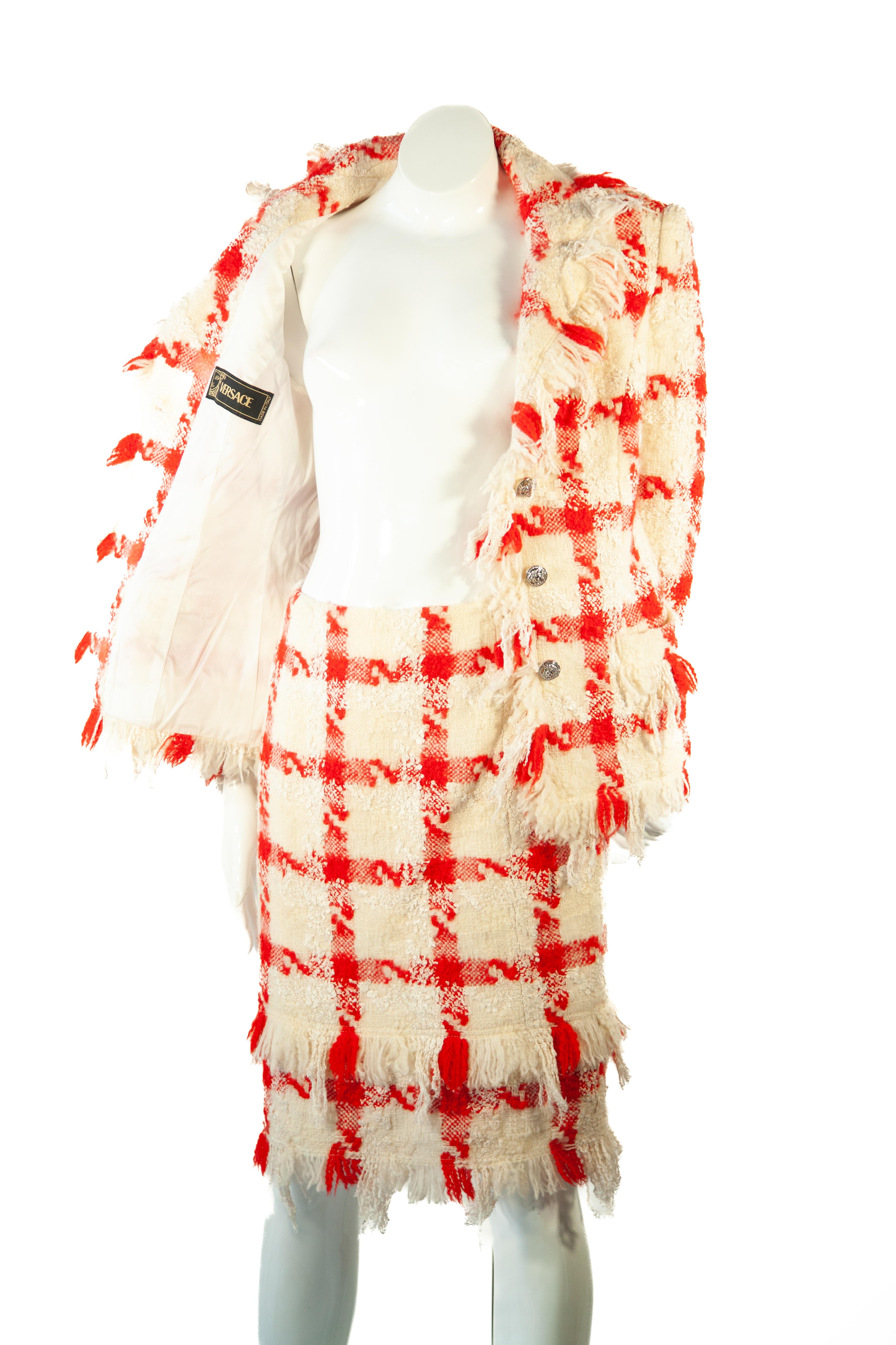 Women's Versace by Donatella red and cream wool houndstooth ensemble, FW2004 