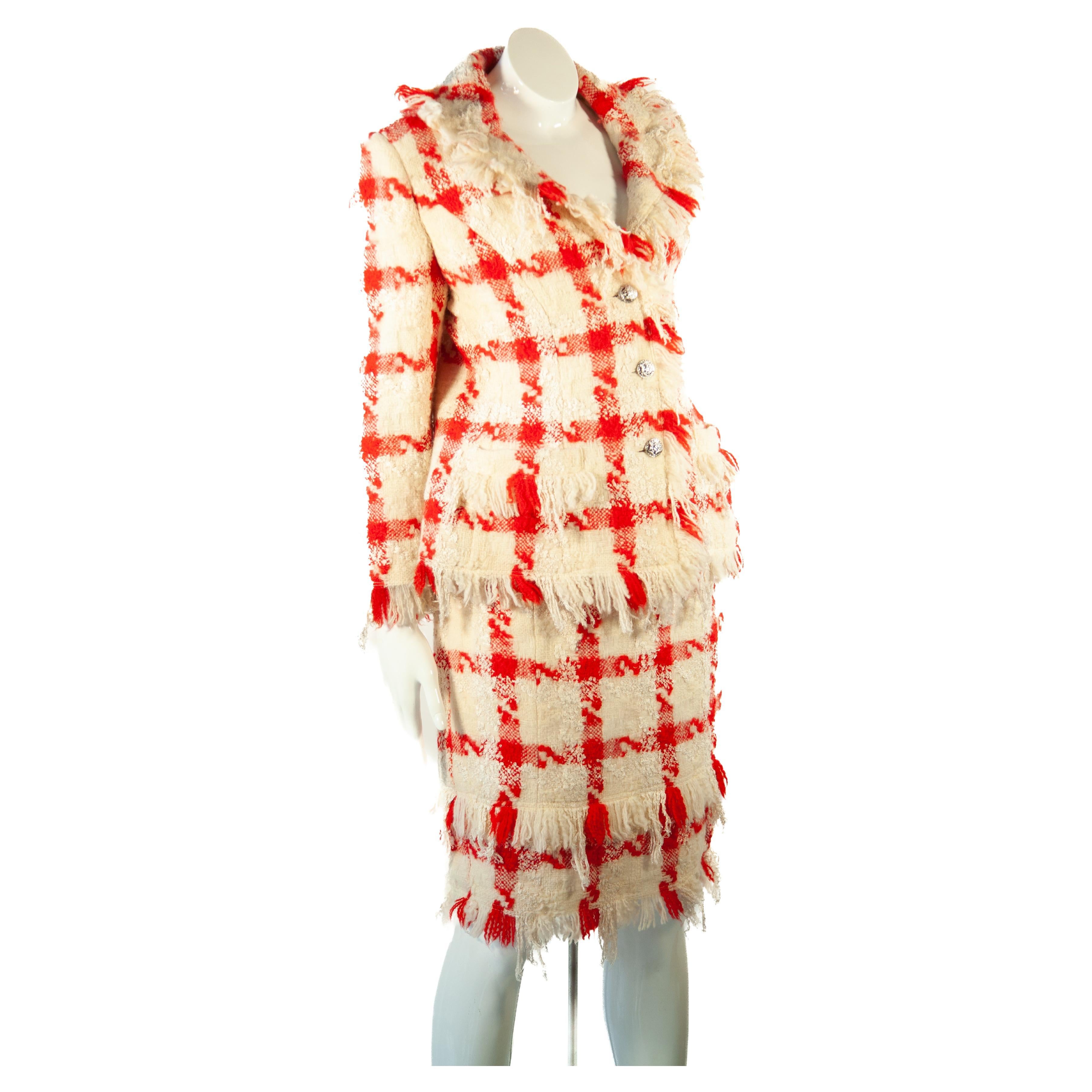 Versace by Donatella red and cream wool houndstooth ensemble, FW2004  For Sale