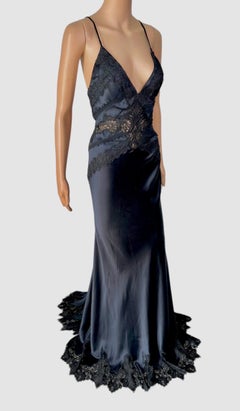 Versace c.2006 Plunging Neckline Sheer Lace Panels Backless Evening Dress Gown