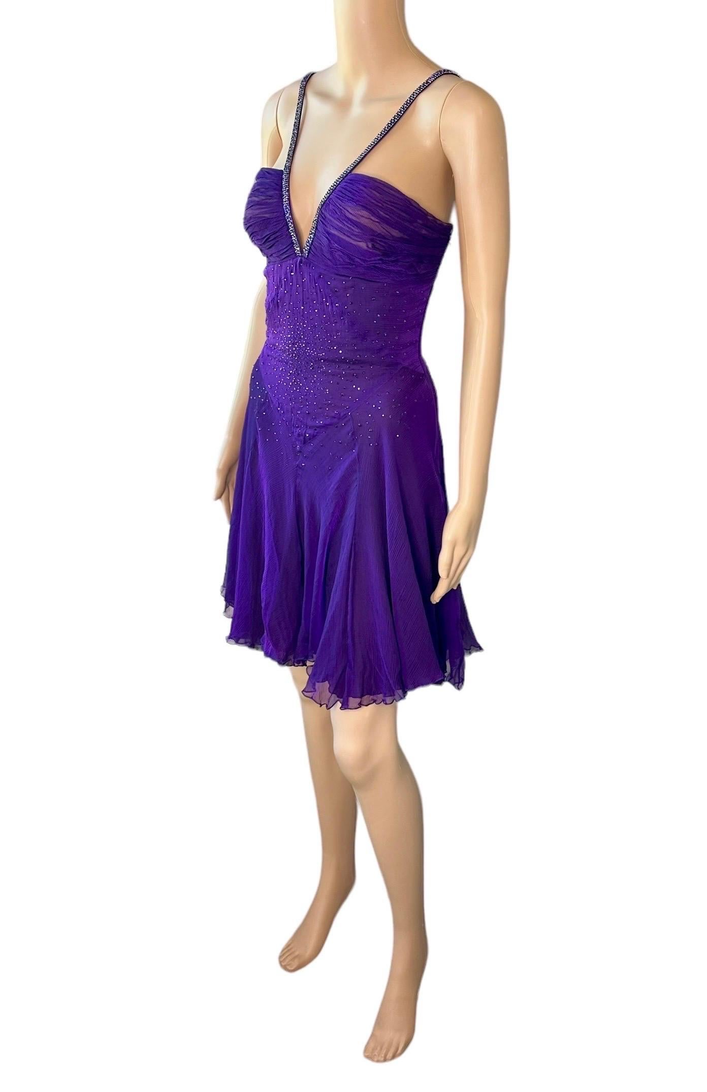 Versace c.2007 Crystal Embellished Plunging Neckline Semi-Sheer Purple Dress For Sale 7