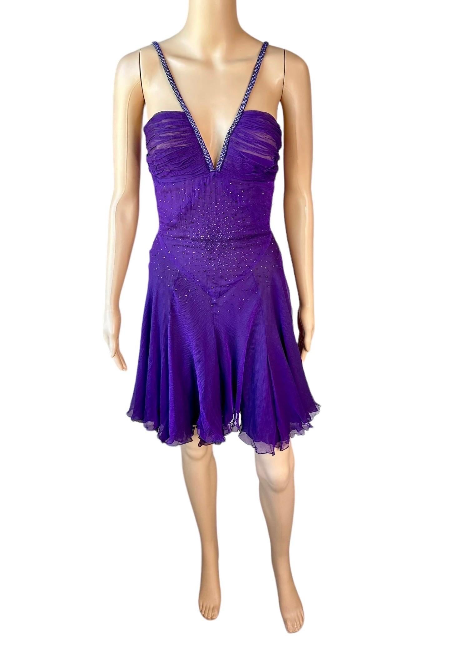 Versace c.2007 Crystal Embellished Plunging Neckline Semi-Sheer Purple Dress For Sale 8