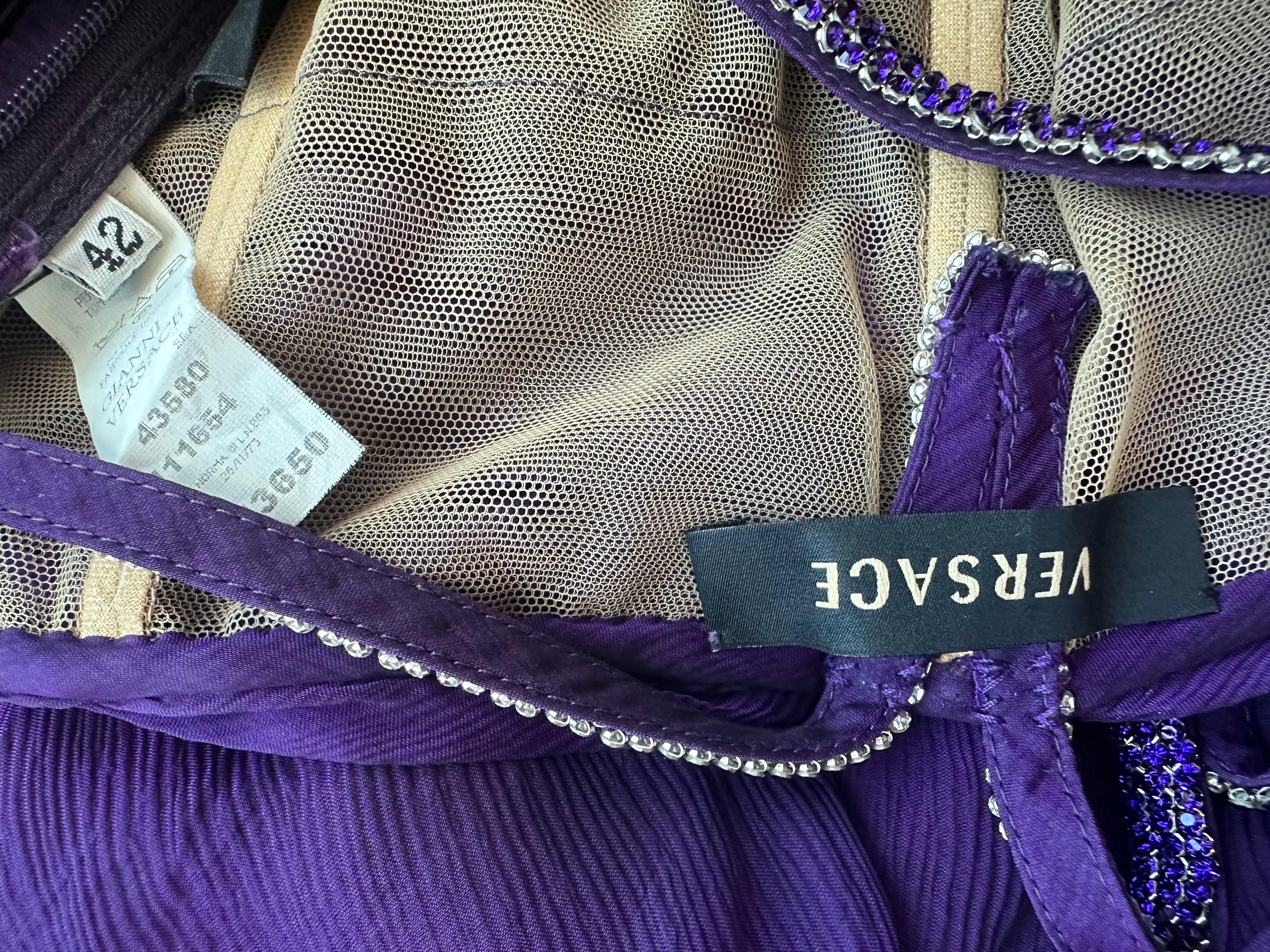Versace c.2007 Crystal Embellished Plunging Neckline Semi-Sheer Purple Dress For Sale 11