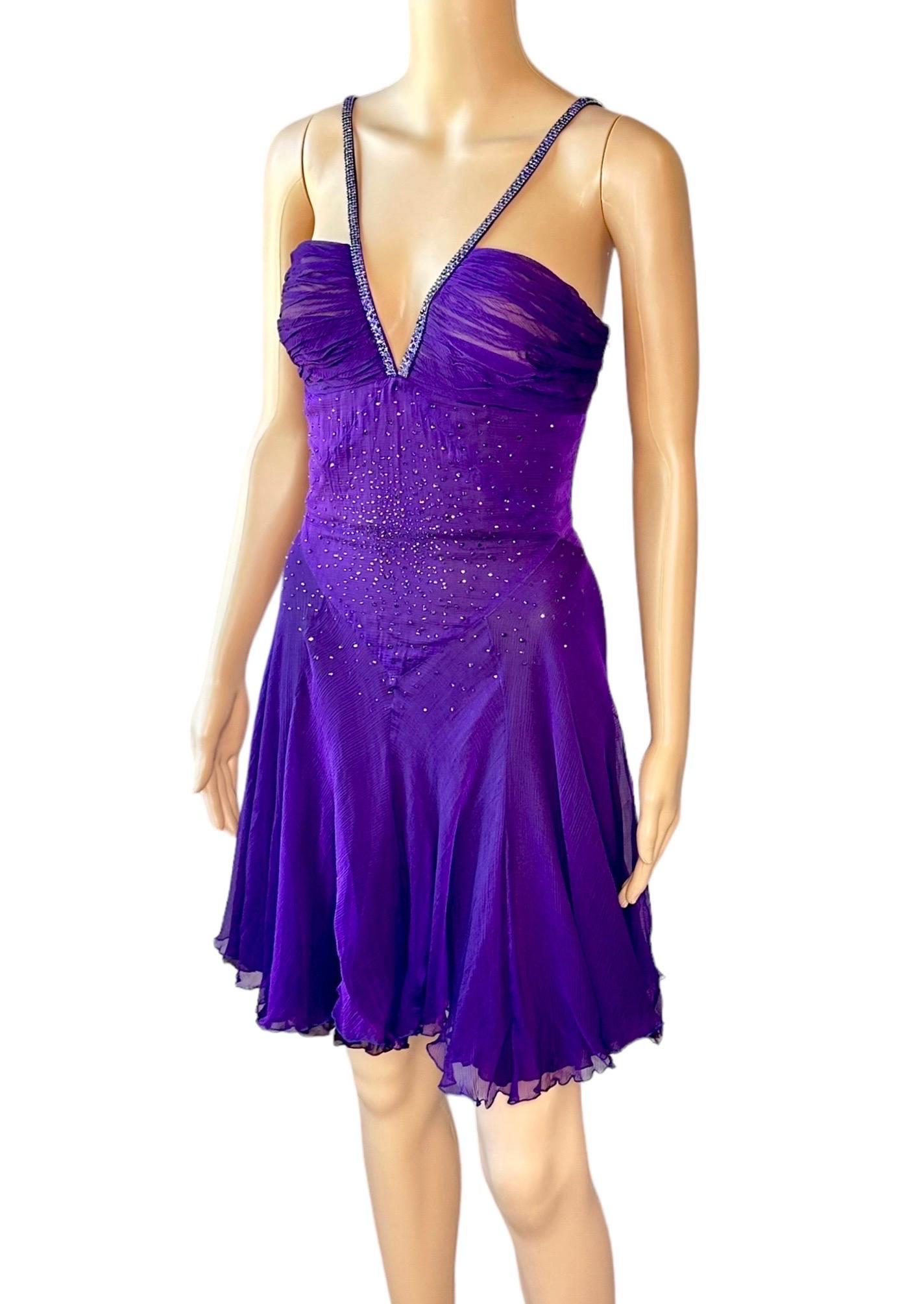 Versace c.2007 Crystal Embellished Plunging Neckline Semi-Sheer Purple Dress In Good Condition For Sale In Naples, FL