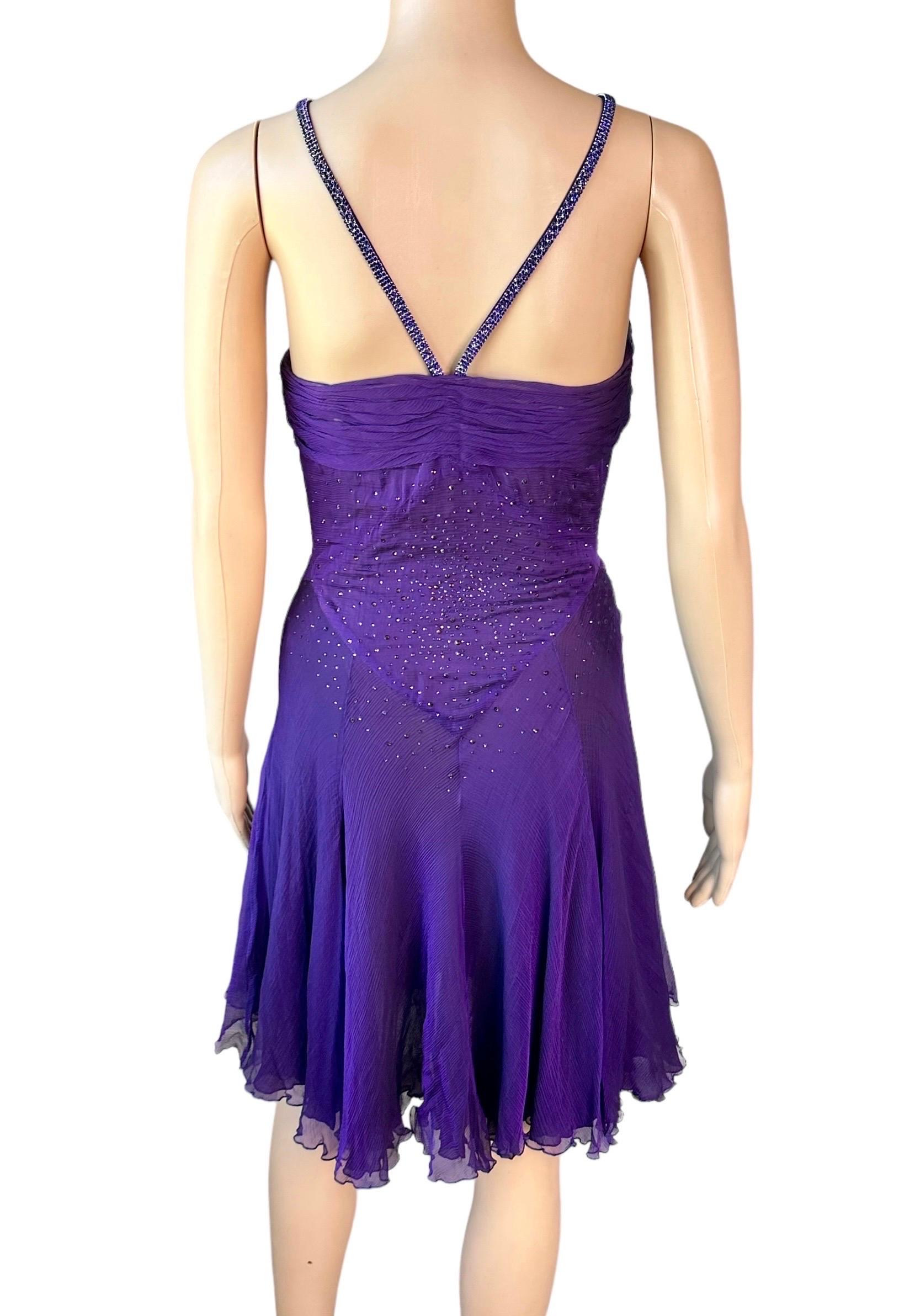 Women's Versace c.2007 Crystal Embellished Plunging Neckline Semi-Sheer Purple Dress For Sale
