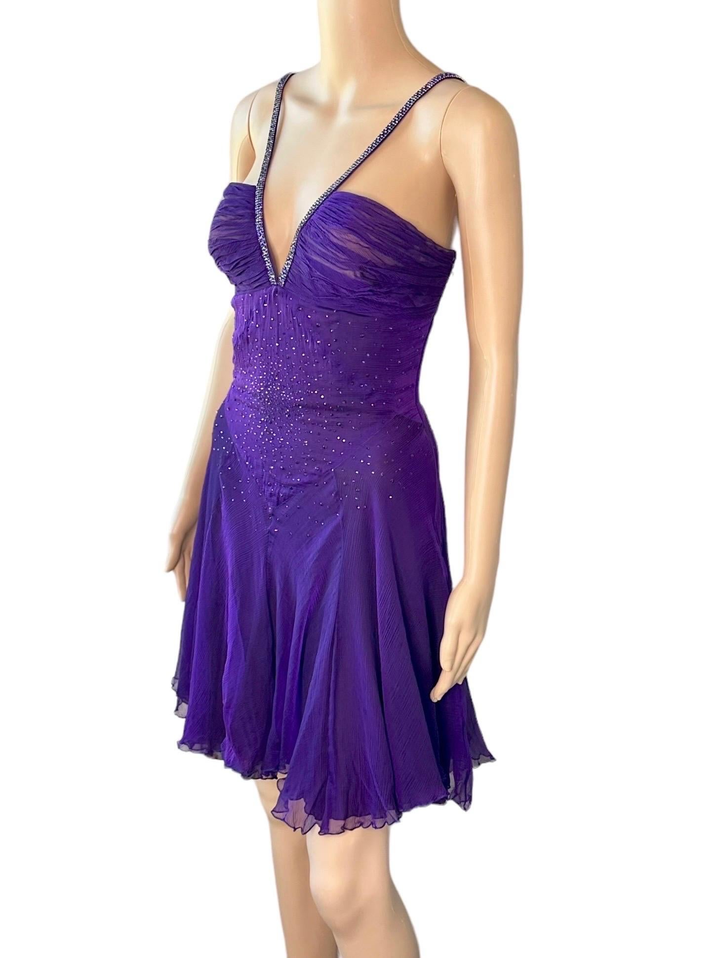 Versace c.2007 Crystal Embellished Plunging Neckline Semi-Sheer Purple Dress For Sale 1