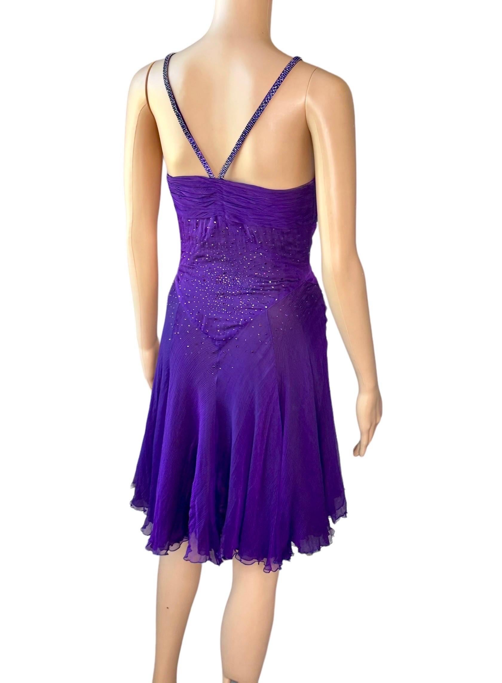 Versace c.2007 Crystal Embellished Plunging Neckline Semi-Sheer Purple Dress For Sale 2