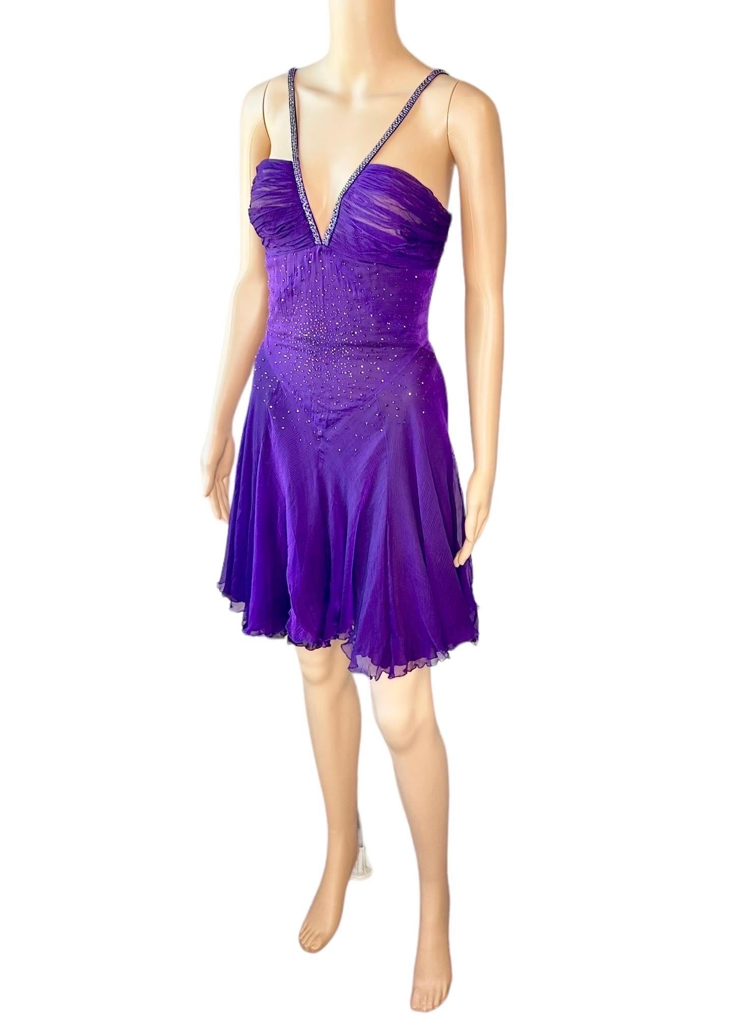Versace c.2007 Crystal Embellished Plunging Neckline Semi-Sheer Purple Dress For Sale 4