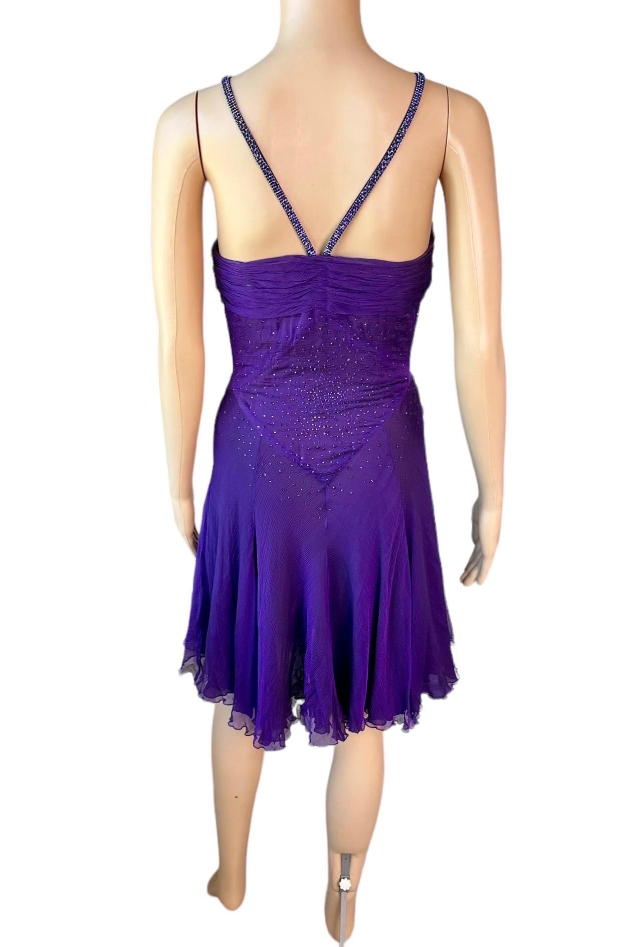 Versace c.2007 Crystal Embellished Plunging Neckline Semi-Sheer Purple Dress For Sale 5