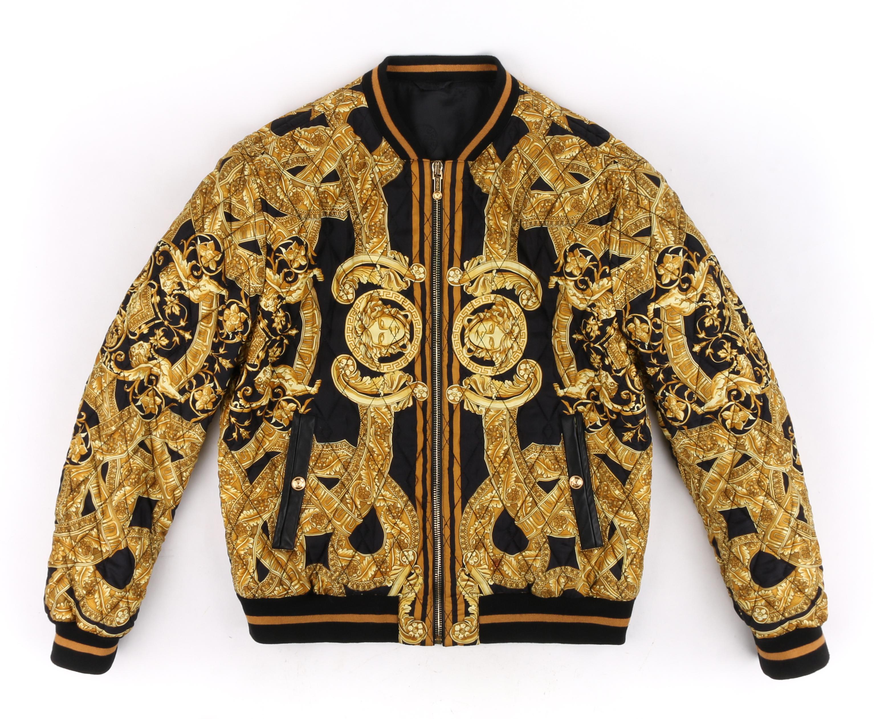 VERSACE c.2013 Gold Black Baroque Quilted Silk Zip Up Bomber Jacket
 
Brand / Manufacturer: Versace 
Style: Bomber Jacket
Color(s): Shades of gold, yellow, black and tan. 
Lined: Yes      
Marked Fabric Content: Exterior: 100% Silk; Lining: 63%