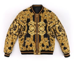 VERSACE c.2013 Gold Black Baroque Quilted Silk Zip Up Bomber Jacket