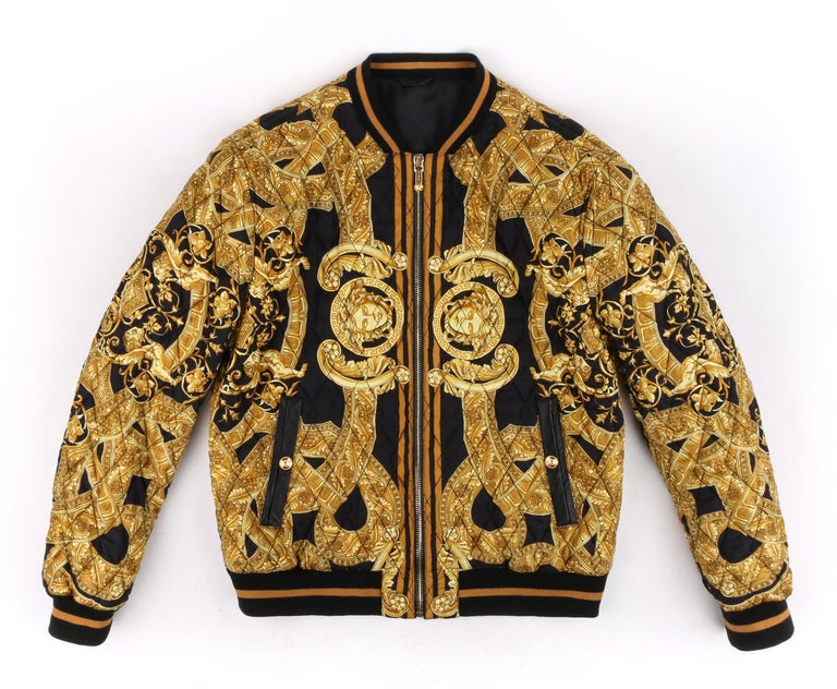 VERSACE c.2013 Gold Black Baroque Quilted Silk Zip Up Bomber Jacket at ...
