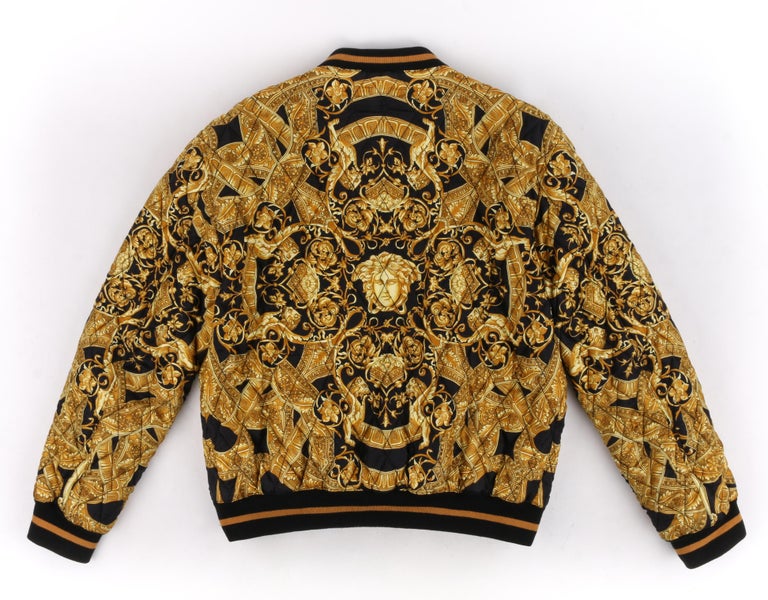 VERSACE c.2013 Gold Black Baroque Quilted Silk Zip Up Bomber Jacket at