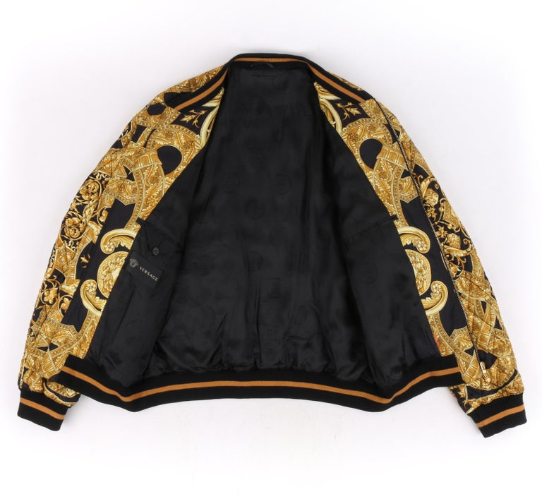 VERSACE c.2013 Gold Black Baroque Quilted Silk Zip Up Bomber Jacket at