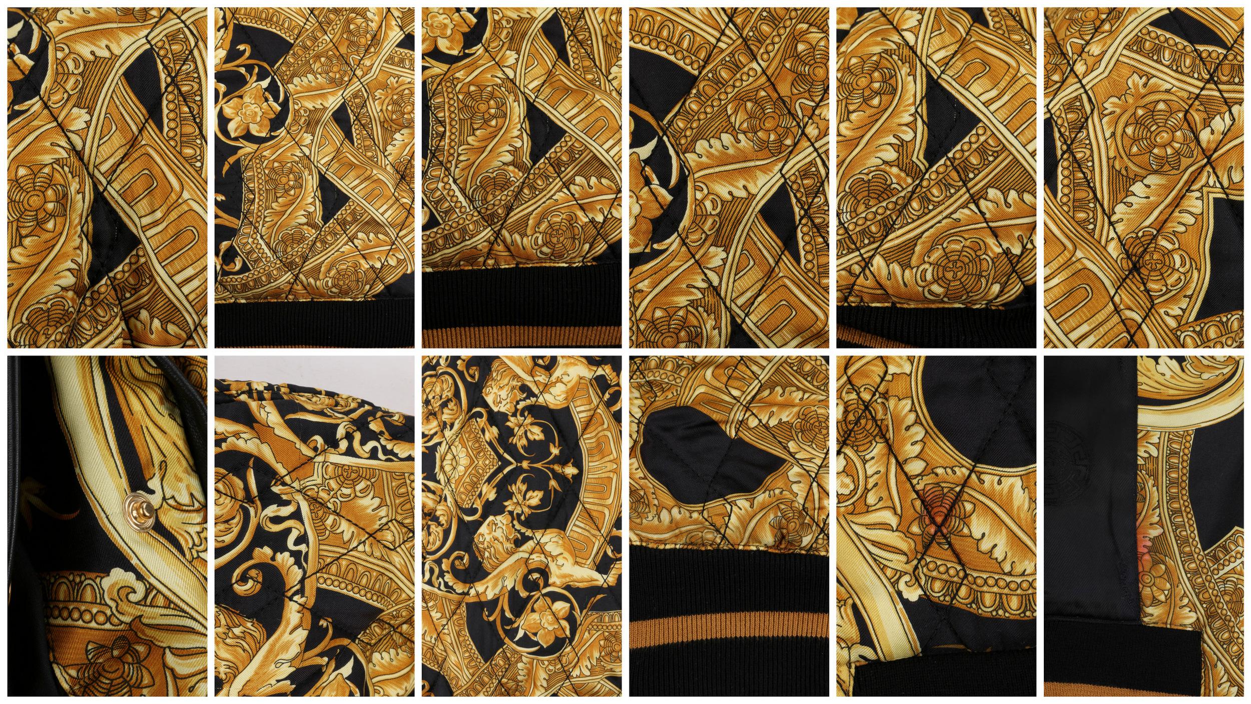 Men's VERSACE c.2013 Gold Black Baroque Quilted Silk Zip Up Bomber Jacket