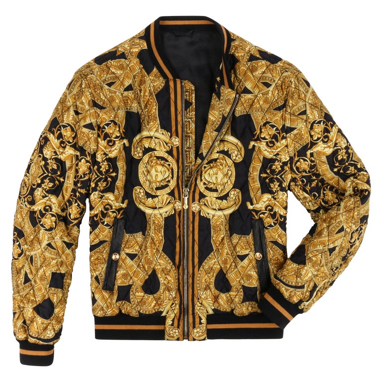 VERSACE c.2013 Gold Black Baroque Quilted Silk Zip Up Bomber Jacket at  1stDibs | versace jacket gold