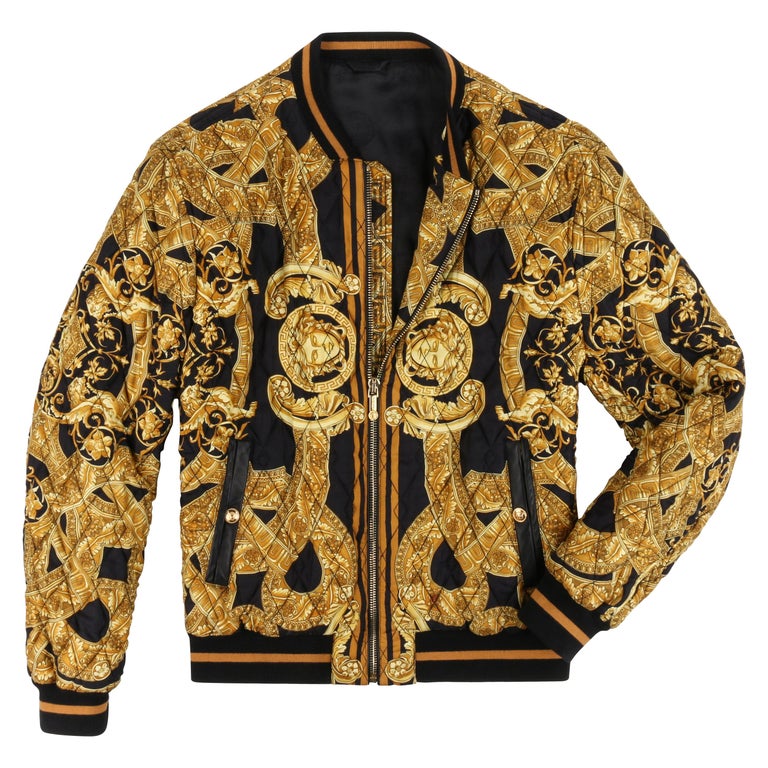 VERSACE c.2013 Gold Black Baroque Quilted Silk Zip Up Bomber Jacket at