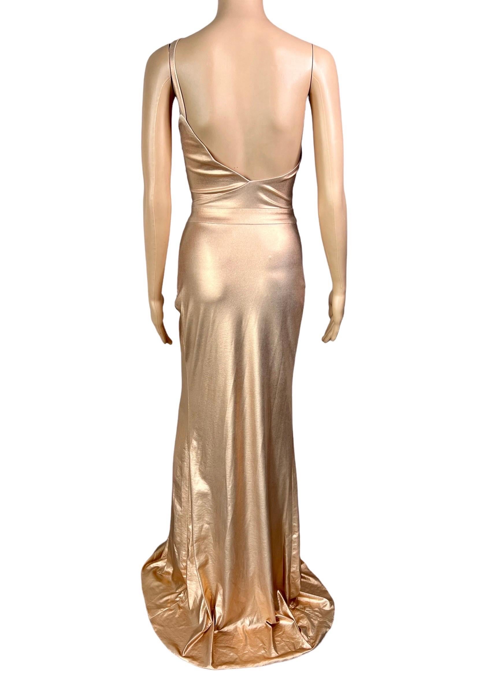 Versace c.2013 Wet Liquid Look Bodycon Metallic Rose Gold Evening Dress Gown 6