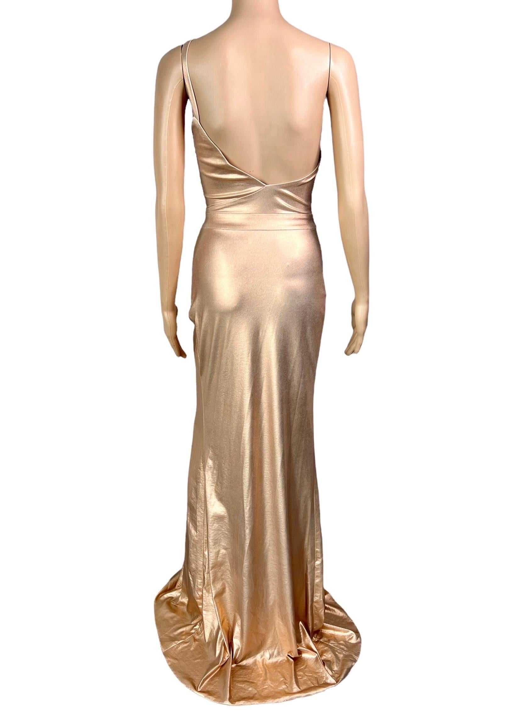 Versace c.2013 Wet Liquid Look Bodycon Metallic Rose Gold Evening Dress Gown 8