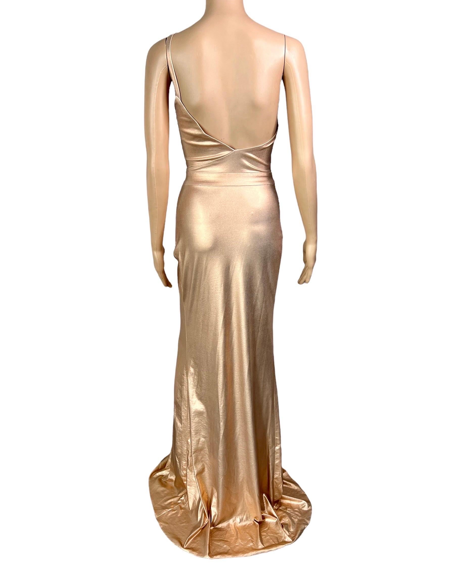 Versace c.2013 Wet Liquid Look Bodycon Metallic Rose Gold Evening Dress Gown 12