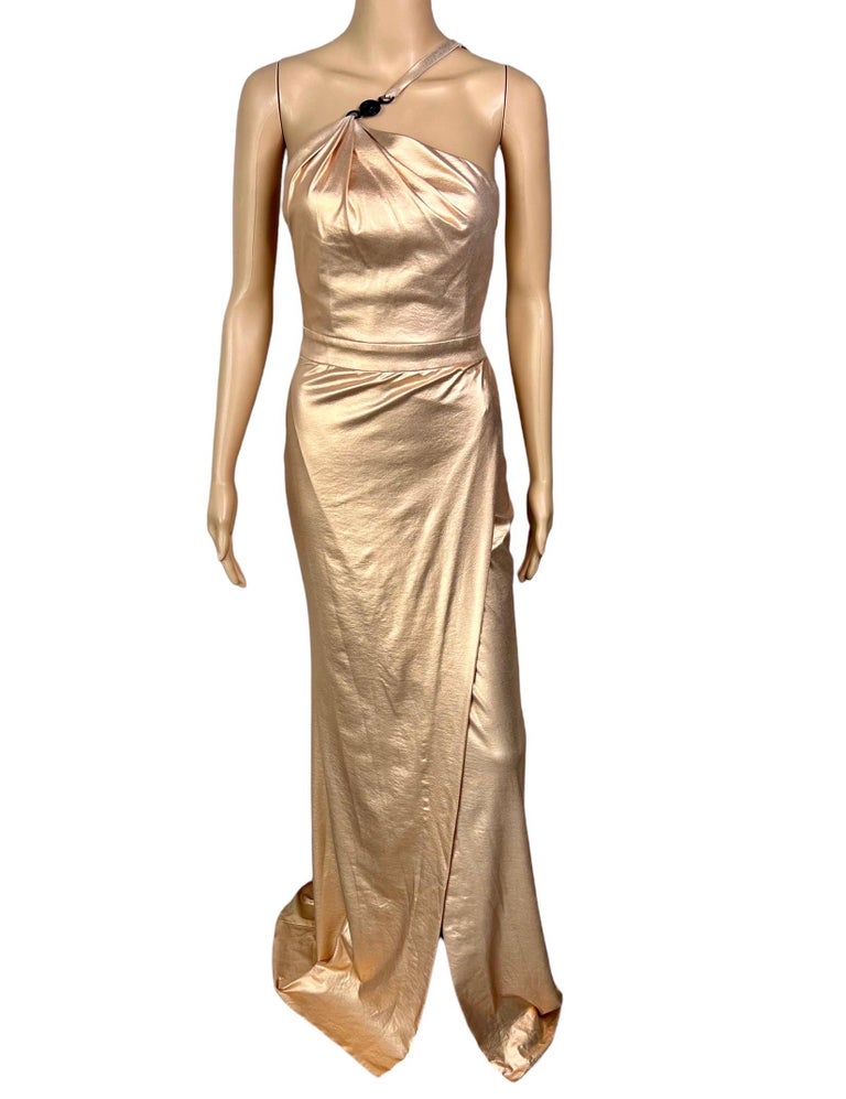 Versace c.2013 Wet Liquid Look Bodycon Metallic Rose Gold Evening Dress Gown  For Sale at 1stDibs