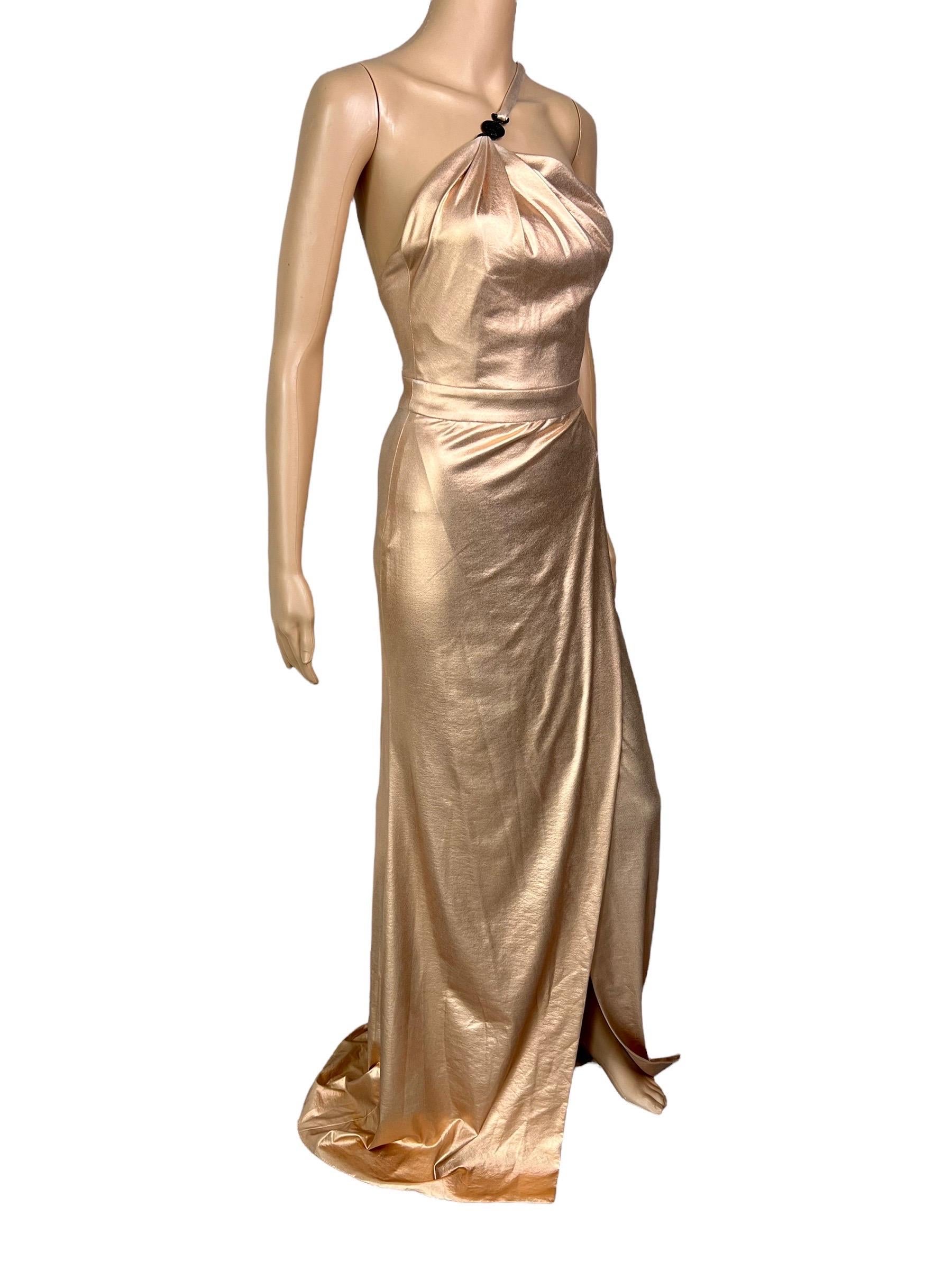 Versace c.2013 Wet Liquid Look Bodycon Metallic Rose Gold Evening Dress Gown In Excellent Condition In Naples, FL