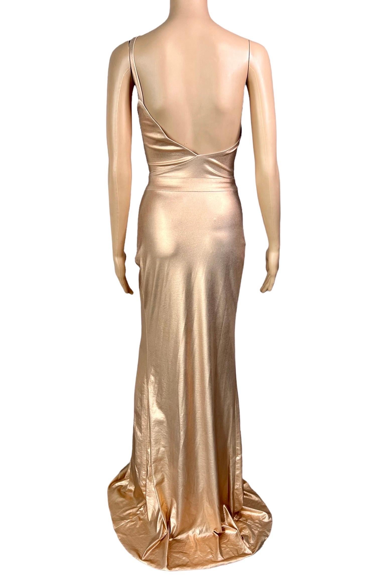 Women's Versace c.2013 Wet Liquid Look Bodycon Metallic Rose Gold Evening Dress Gown