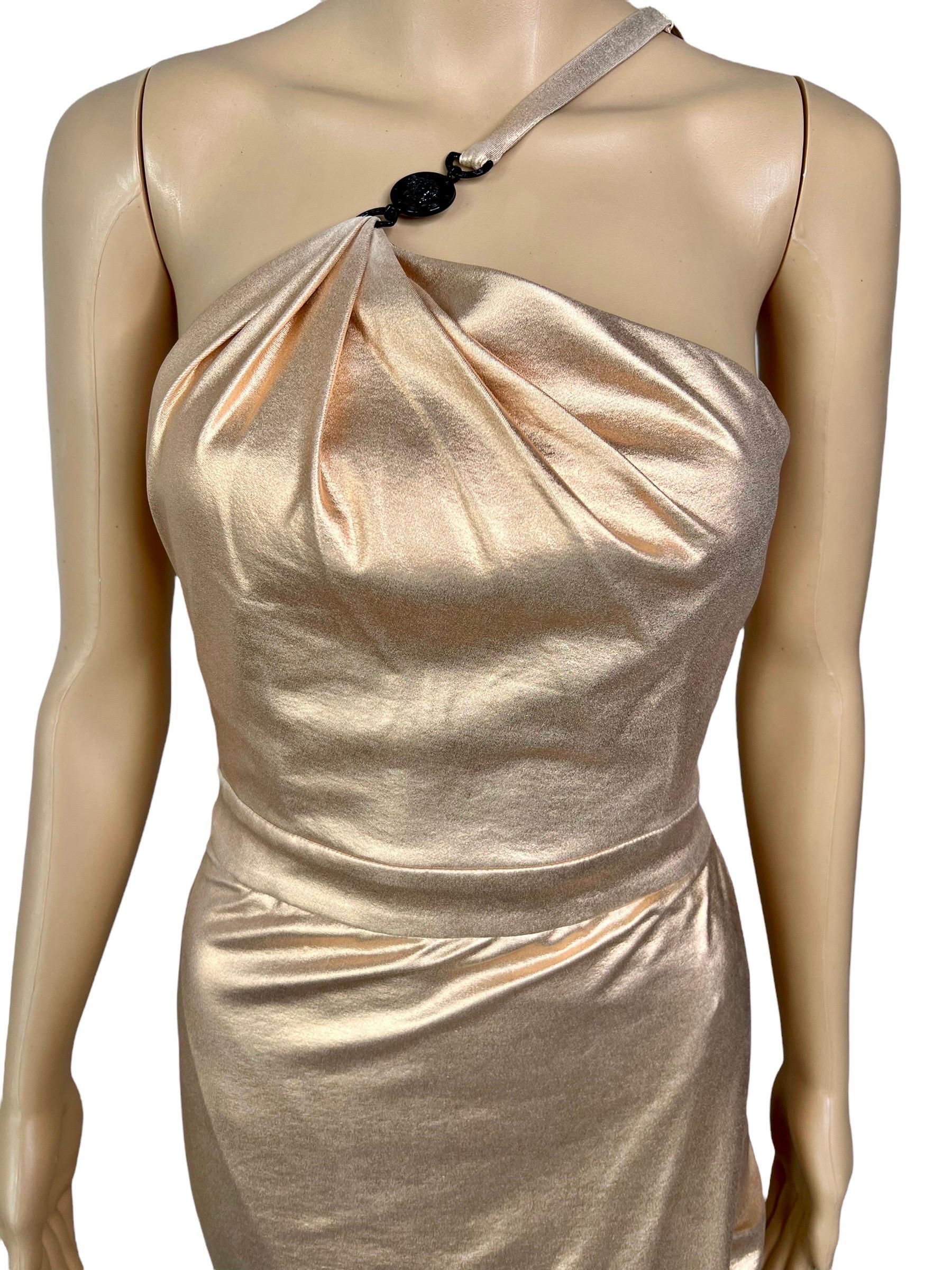 Versace c.2013 Wet Liquid Look Bodycon Metallic Rose Gold Evening Dress Gown 1