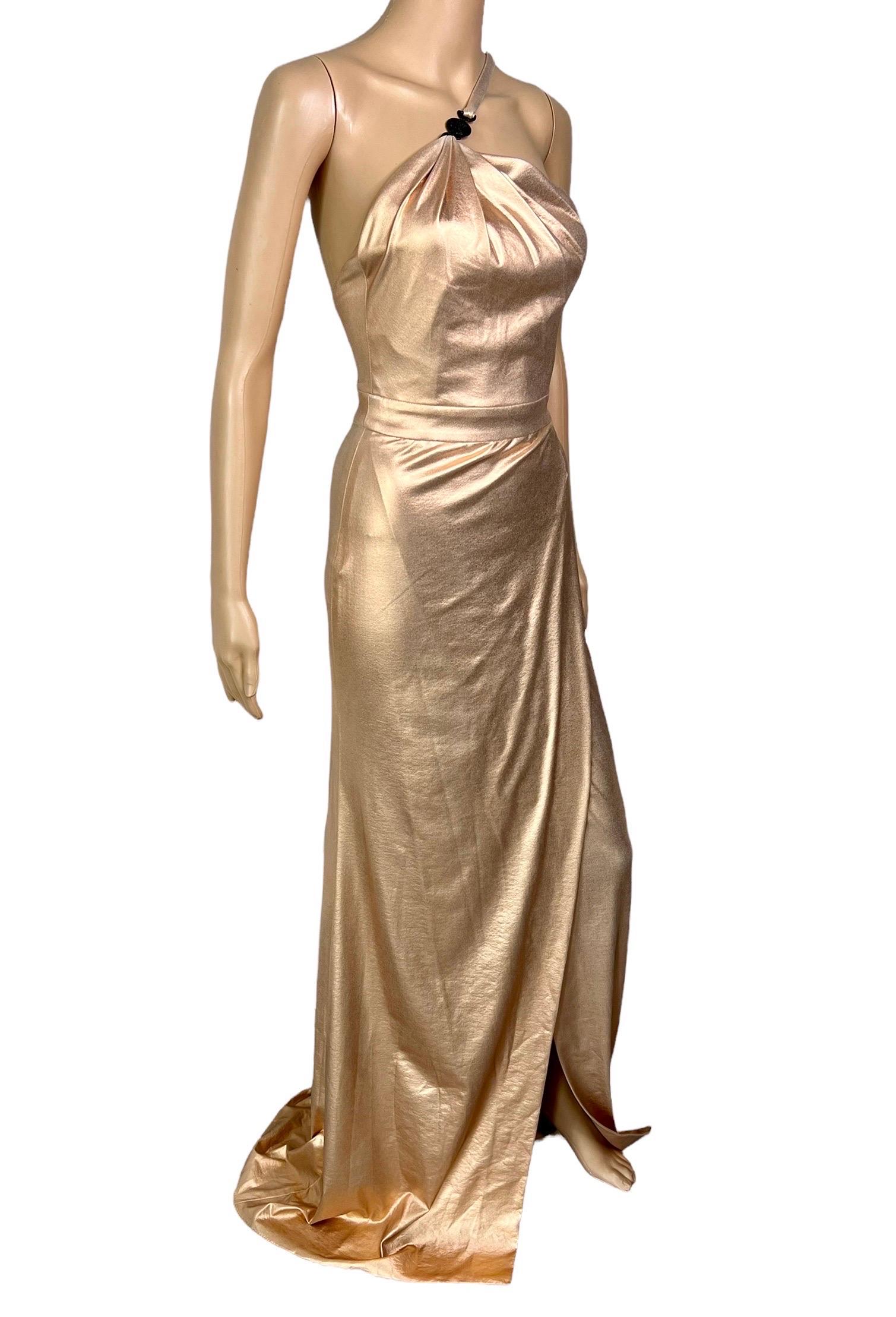 Versace c.2013 Wet Liquid Look Bodycon Metallic Rose Gold Evening Dress Gown For Sale 2