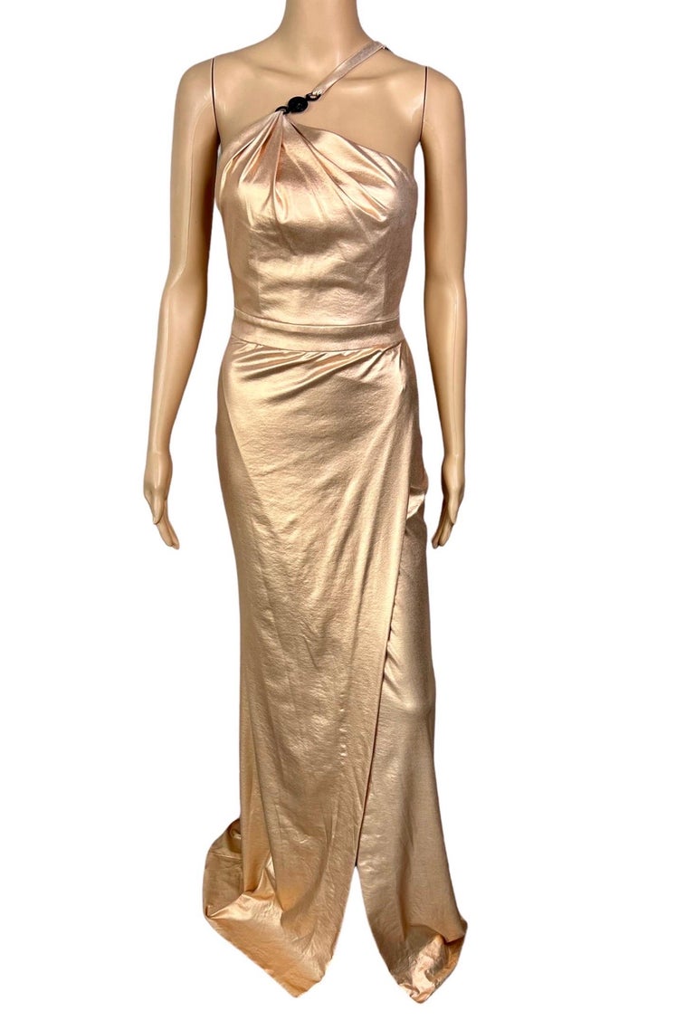 Versace c.2013 Wet Liquid Look Bodycon Metallic Rose Gold Evening Dress Gown  For Sale at 1stDibs