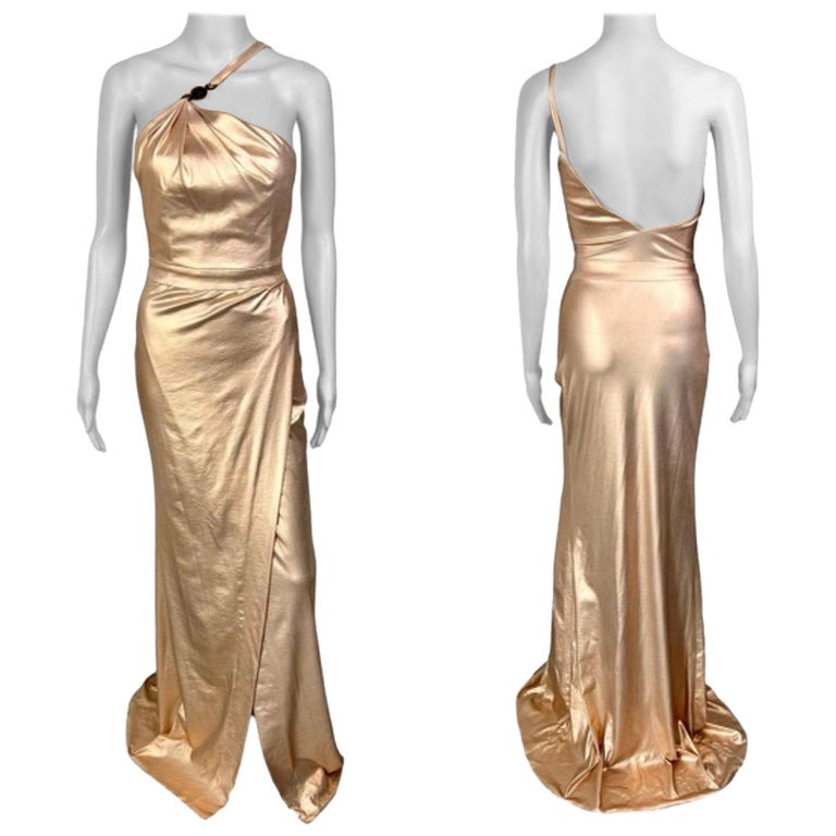 Versace c.2013 Wet Liquid Look Bodycon Metallic Rose Gold Evening Dress Gown  For Sale at 1stDibs