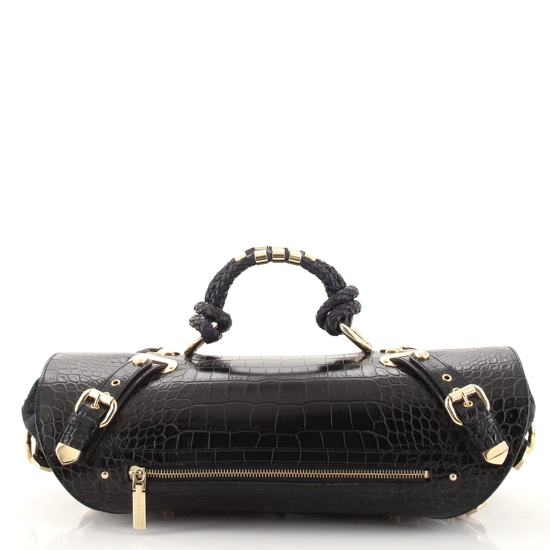 Geprägte Canyon-Tasche aus Leder und Denim mit Krokodilleder Medium (Schwarz)