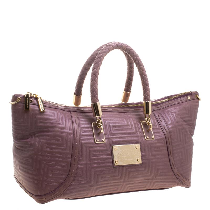 Versace Cedar Dark Beige Embossed Leather Braided Satchel In Good Condition In Dubai, Al Qouz 2