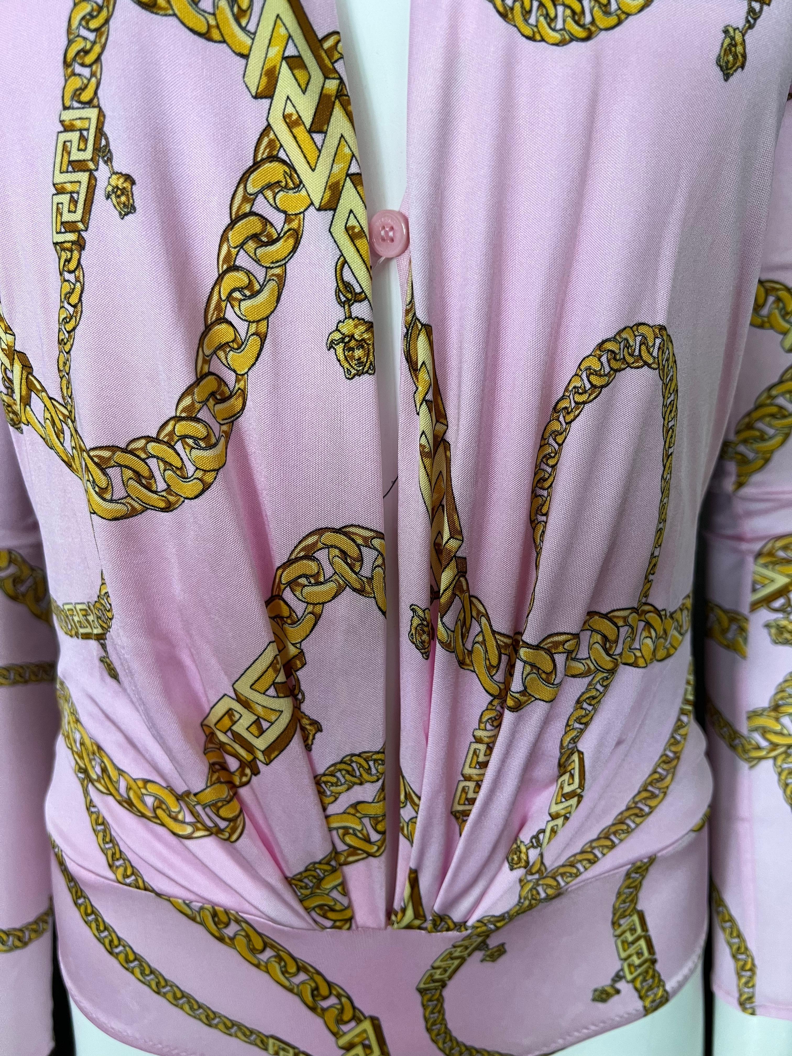 Versace Chain Long Sleeve Pink Bodysuit In Excellent Condition For Sale In Beverly Hills, CA