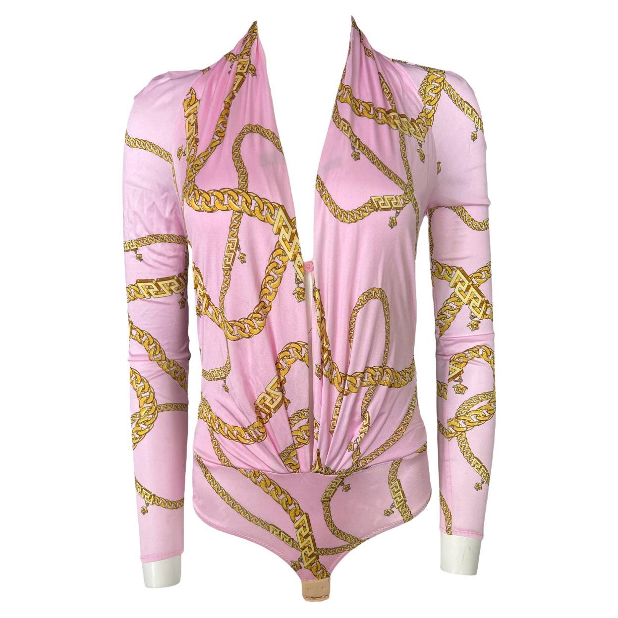 Versace Chain Long Sleeve Pink Bodysuit For Sale