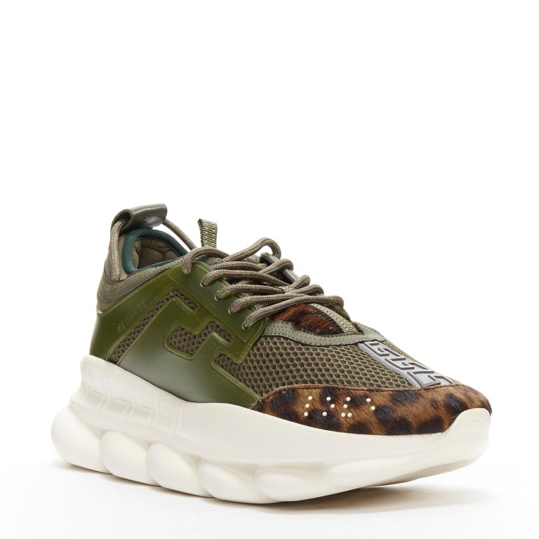 VERSACE Chain Reaction Wild Leopard green suede low chunky sneaker EU43
