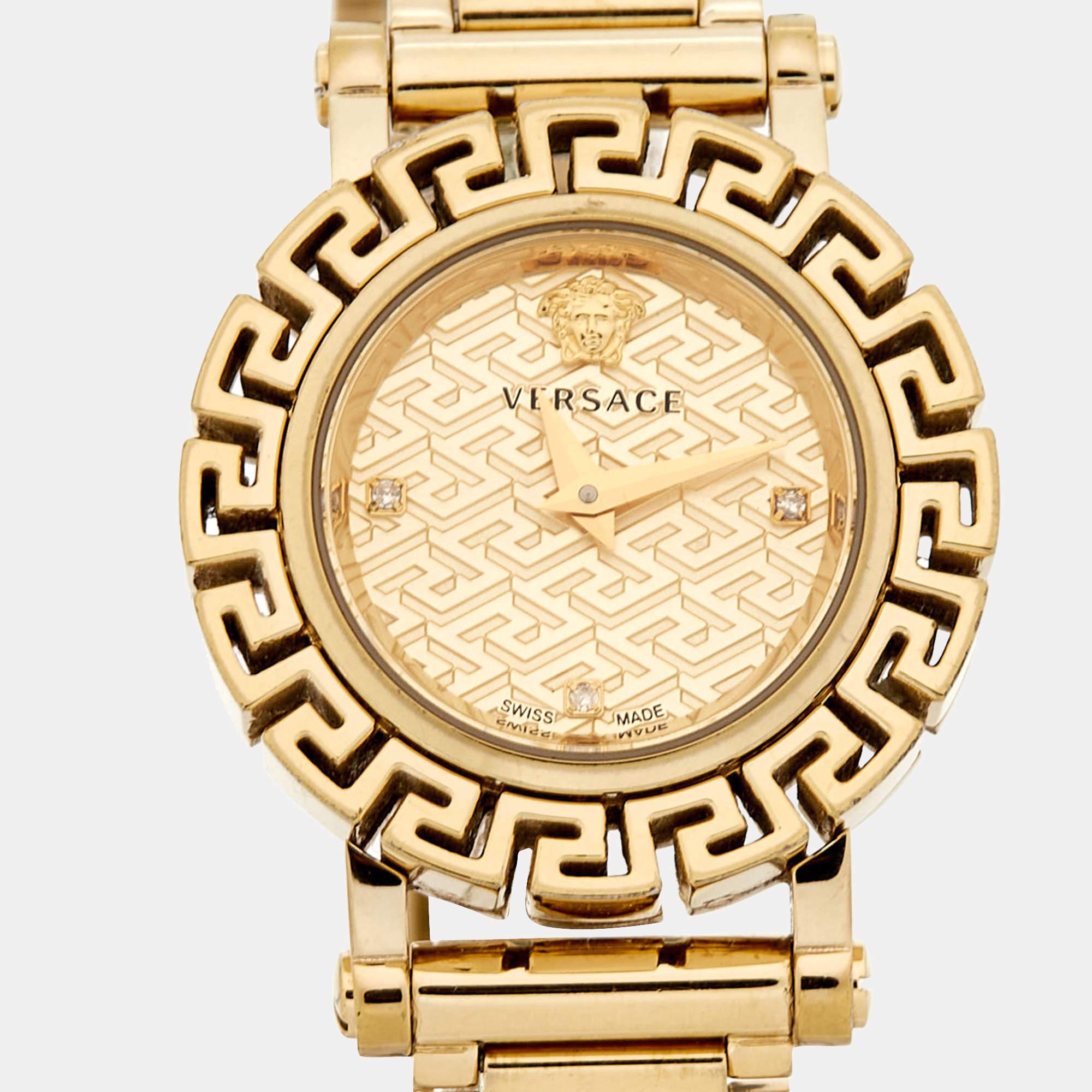 Versace Champagne Stainless Steel Greca Glam VE2Q00422 Wristwatch 29 mm In Good Condition In Dubai, Al Qouz 2