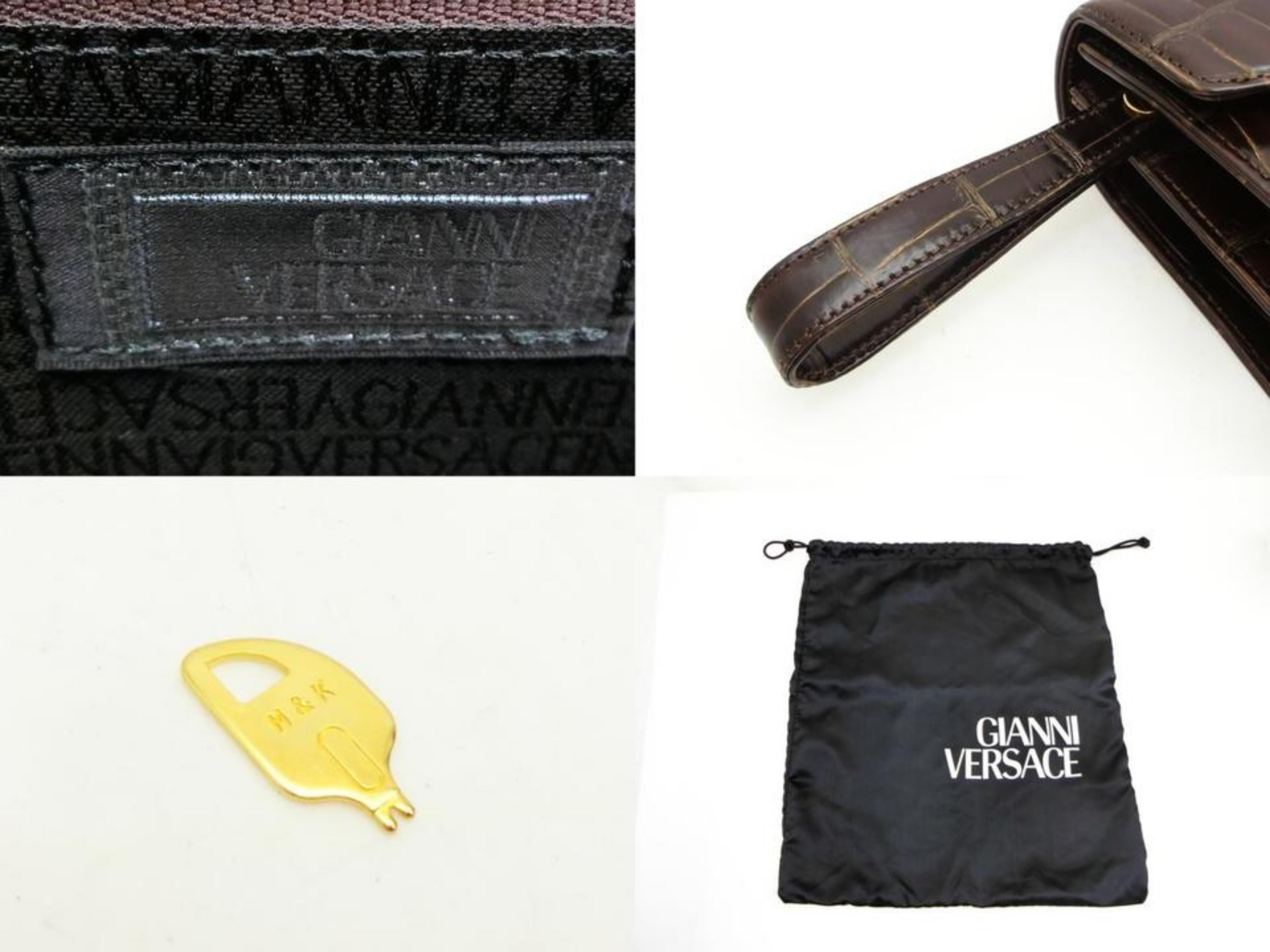 Black Versace Clutch 230602 Brown Crocodile Skin Leather Wristlet For Sale