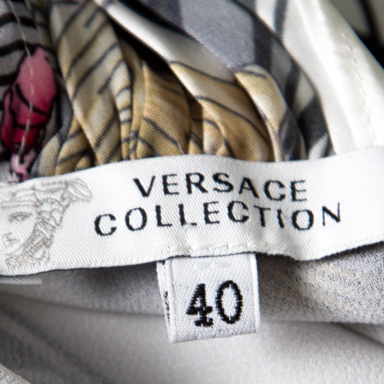 Women's Versace Colection Multicolor Printed Plunge Neck Handkerchief Hem Detail Dress S