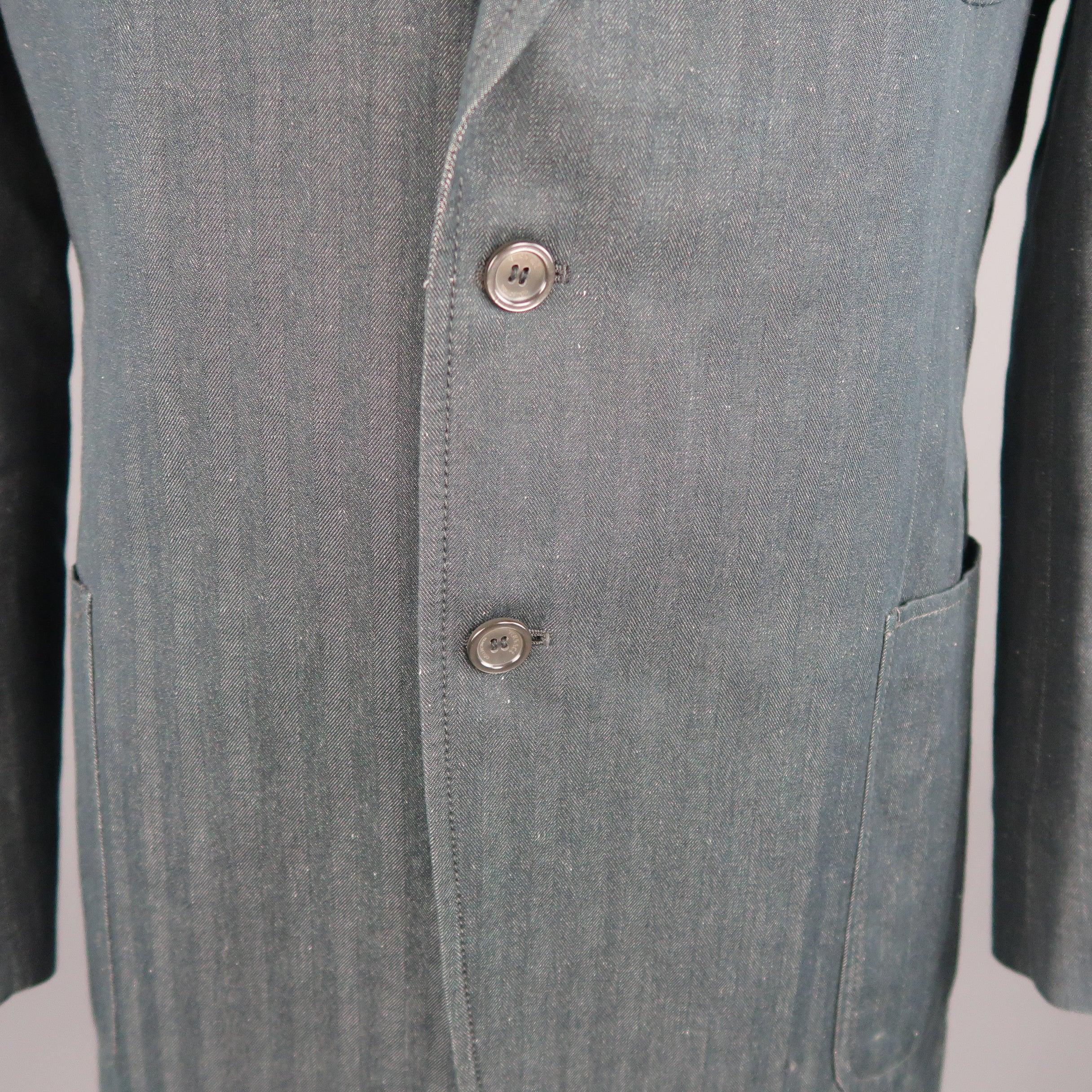 Men's VERSACE COLLECTION 46 Long Indigo Herringbone Cotton / Linen Sport Coat For Sale