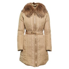 Versace Collection Beige Fur Trim Collar Belted Down Jacket M