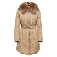 Versace Collection Beige Fur Trim Collar Belted Down Jacket M