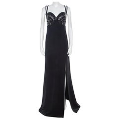 Versace Collection Black Crepe Embellished Plunge Neck Evening Gown XL