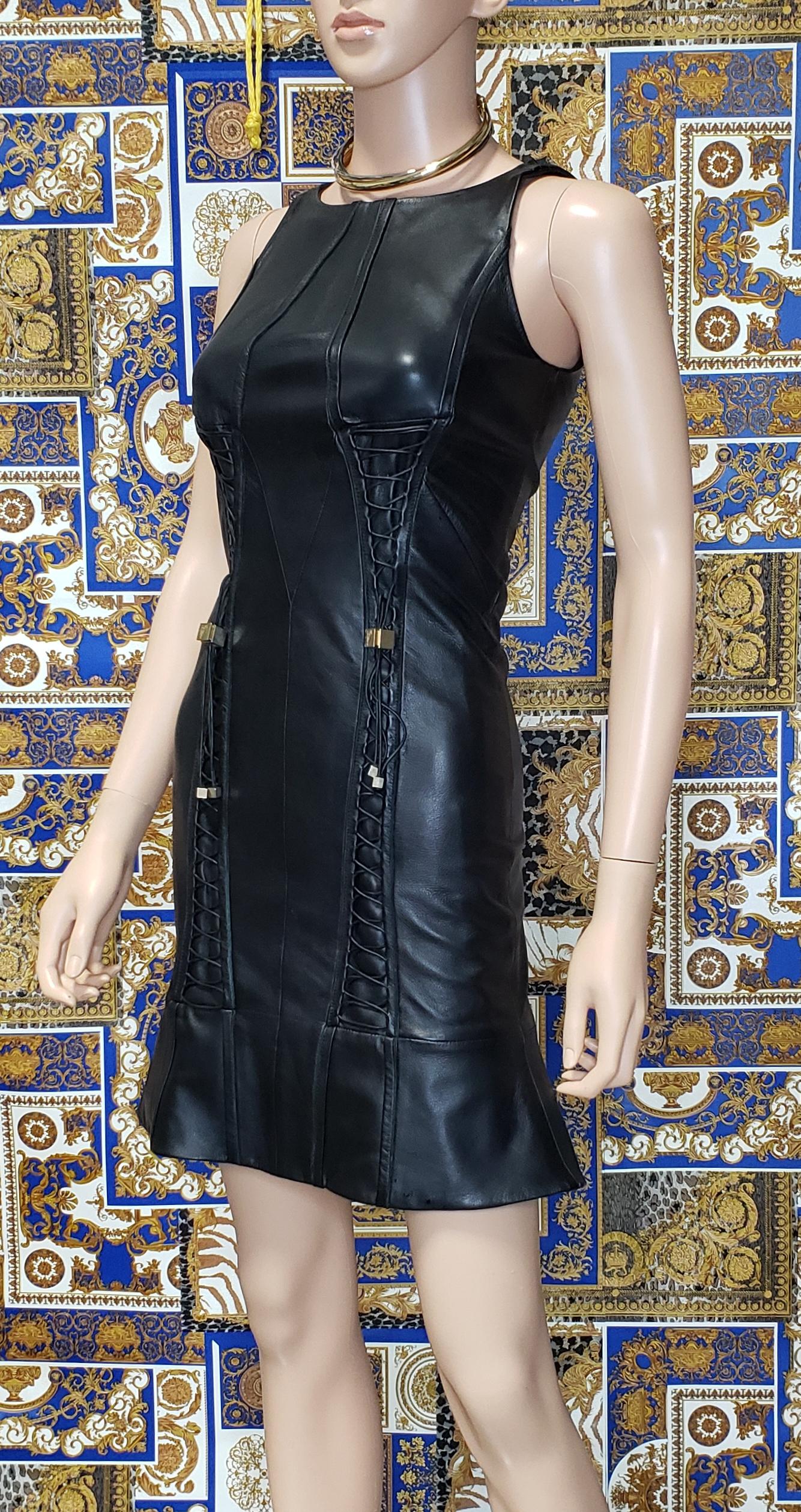 Women's VERSACE BLACK LEATHER DRESS with TASSELS 38 - 4 For Sale