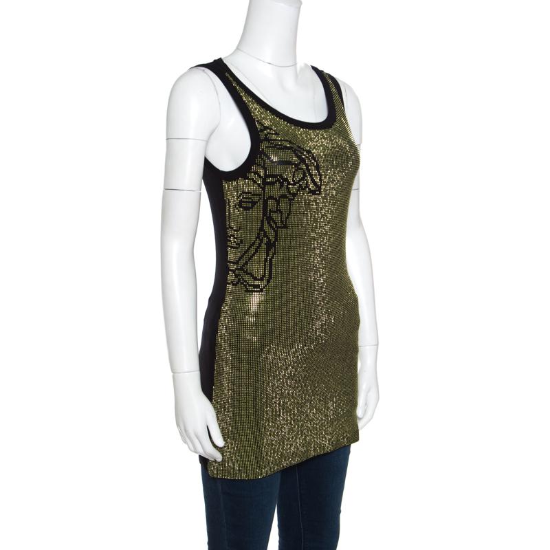 Stylish and trendy is what defines this tank top from Versace Collection. The black top is made of a viscose blend and features the signature Medusa icon as well as sequins embelished all over it. It flaunts a scoop neckline and a well-defined