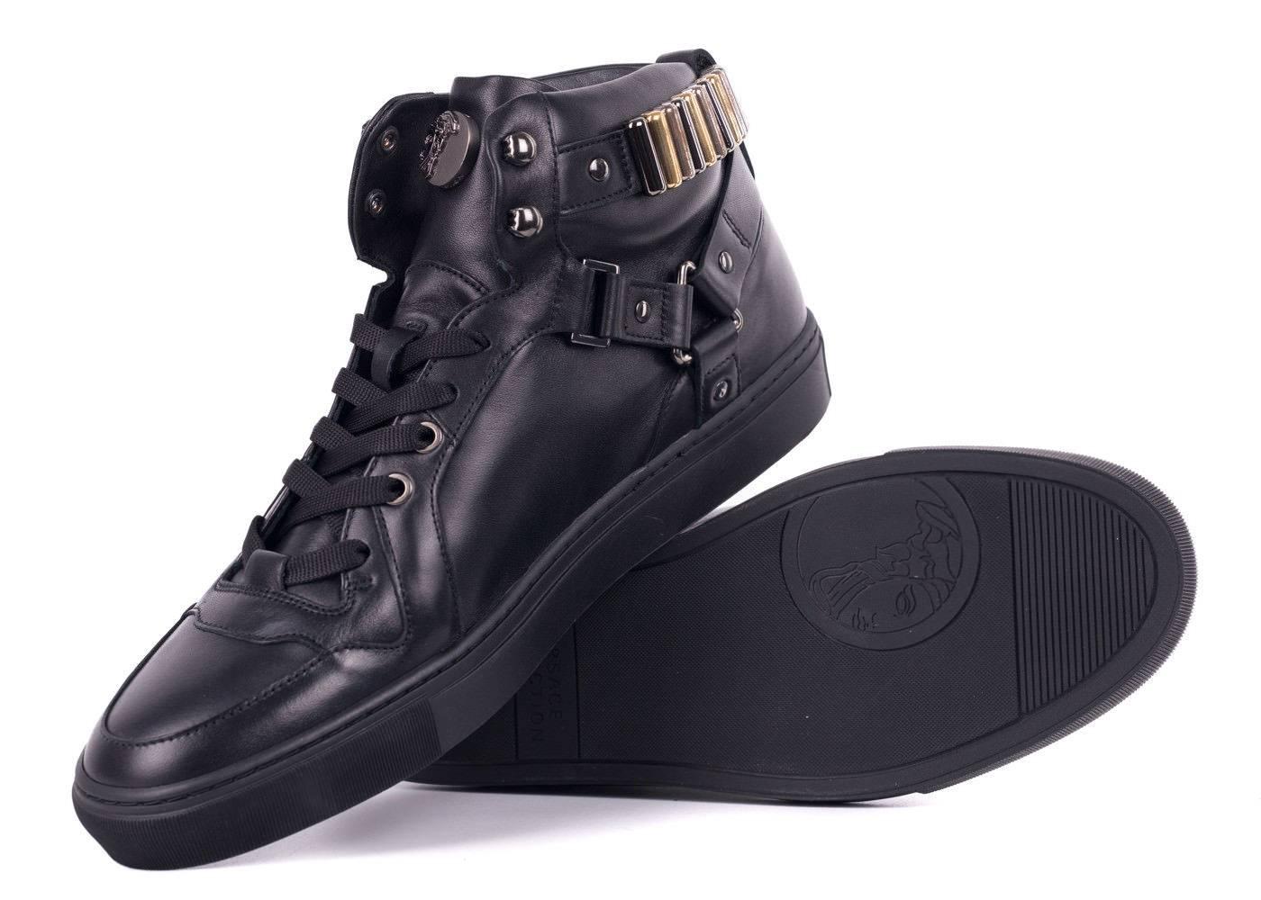 Versace Collection Black Metal Chain Strap Hi Top Sneakers For Sale 1