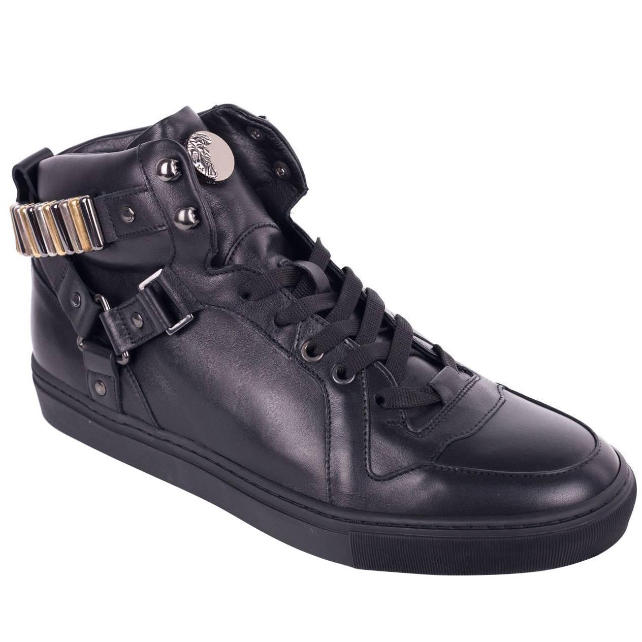 Versace Collection Black Metal Chain Strap Hi Top Sneakers For Sale