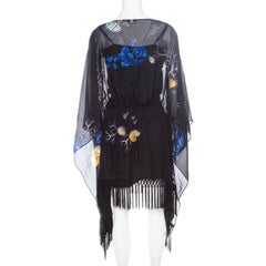 Versace Collection Black Shell Printed Silk Tasseled Edge Beach Kimono M