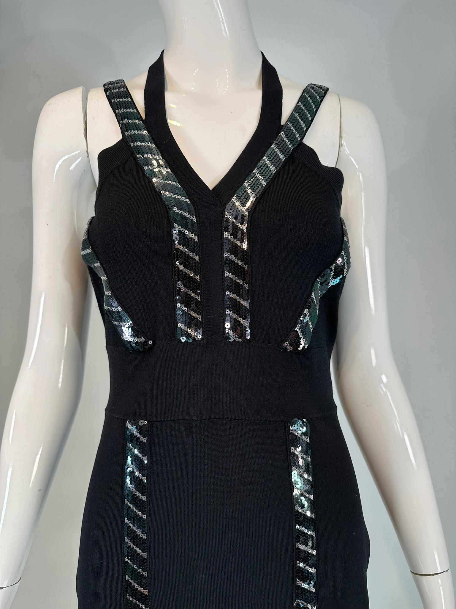 Versace Collection Black & Silver Sequin Knit Halter Neck Dress 44 For Sale 8
