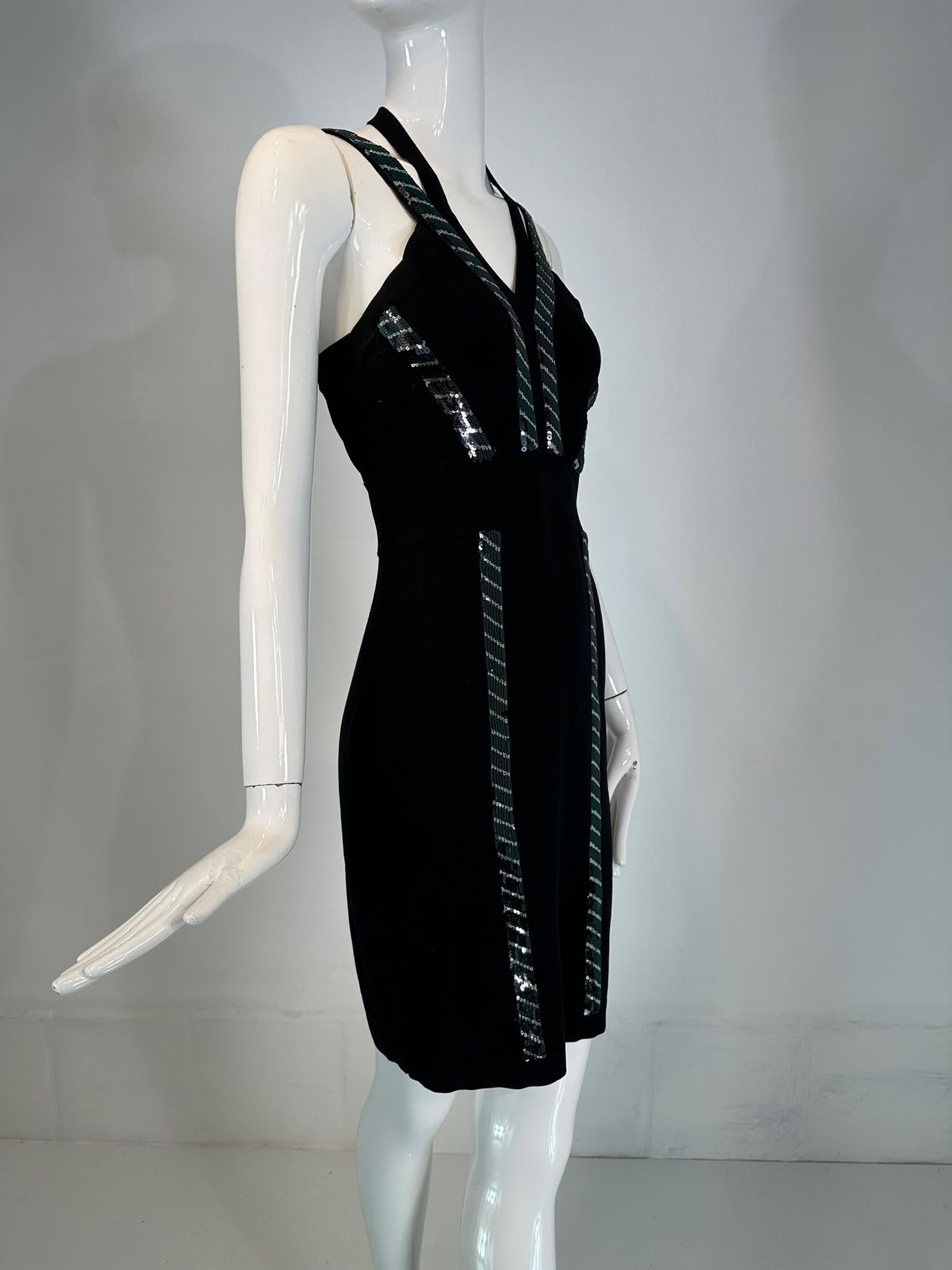 Versace Collection Black & Silver Sequin Knit Halter Neck Dress 44 In Good Condition For Sale In West Palm Beach, FL