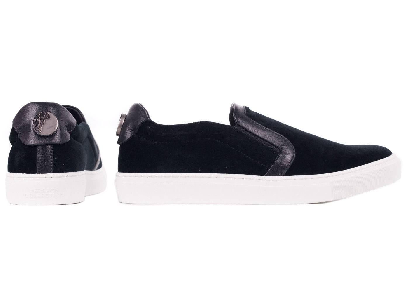 Versace Collection Black Velvet Leather Trim Slip On Sneakers In New Condition For Sale In Brooklyn, NY